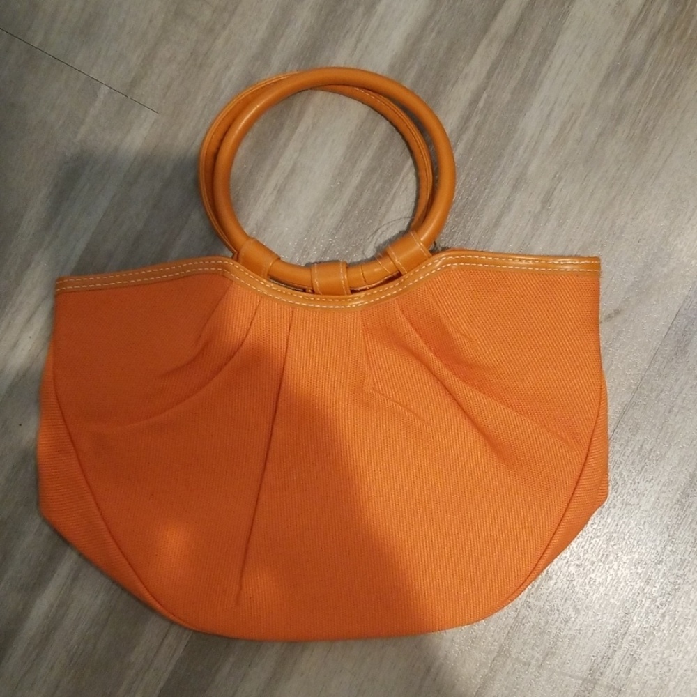 Neiman Marcus Orange Canvas Tote Leather Like Round Handles